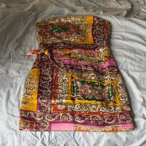 Mango Strapless Dress with Pink, Yellow, and Purple Patterns